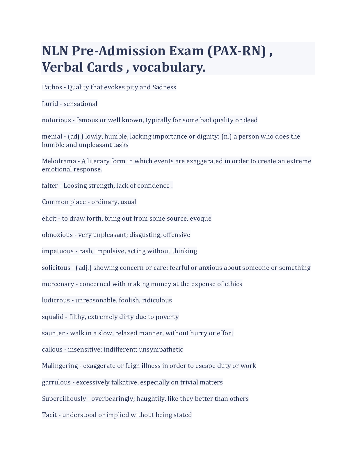 Preview image for NLN Pre-Admission Exam (PAX-RN) , Verbal Cards , vocabulary.