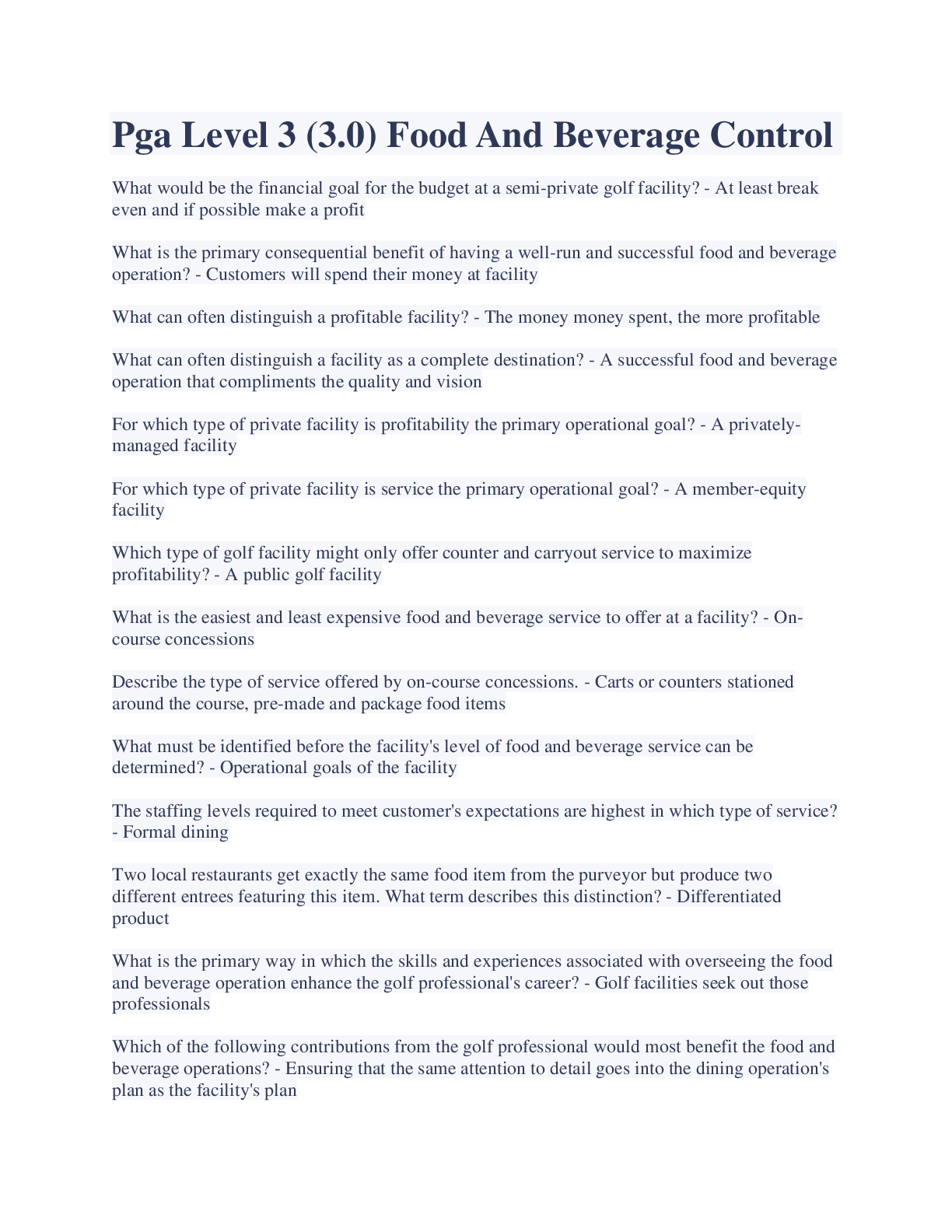 Preview image for Pga Level 3 (3.0) Food And Beverage Control Q&A  Verified