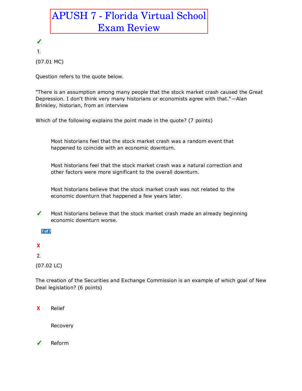 Preview image of APUSH 7 - Florida Virtual School Exam Review. Q&A document