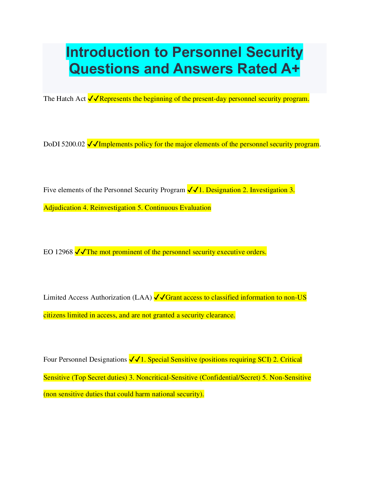Preview image for Introduction to Personnel Security Questions and Answers Rated A+