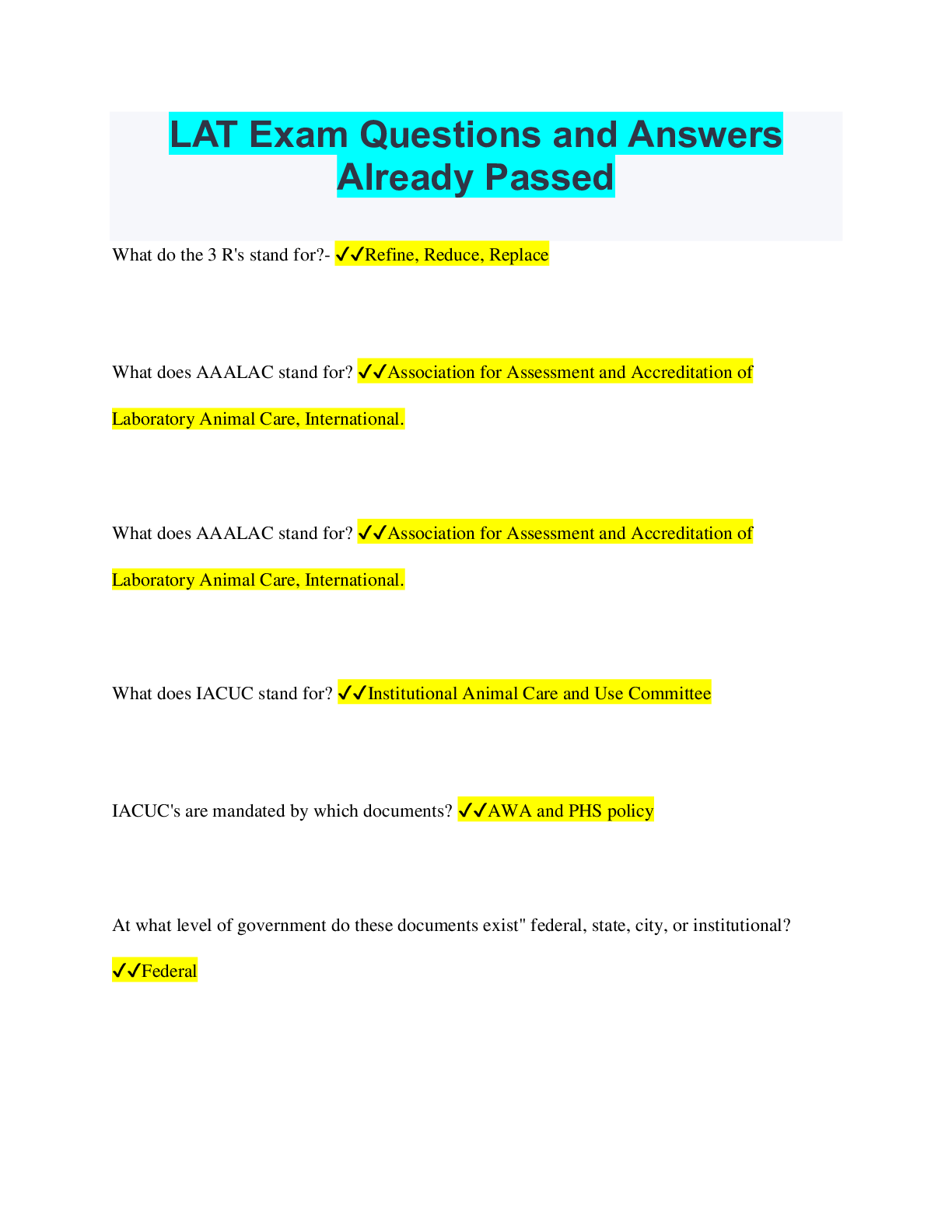 Preview image for LAT Exam Questions and Answers Already Passed