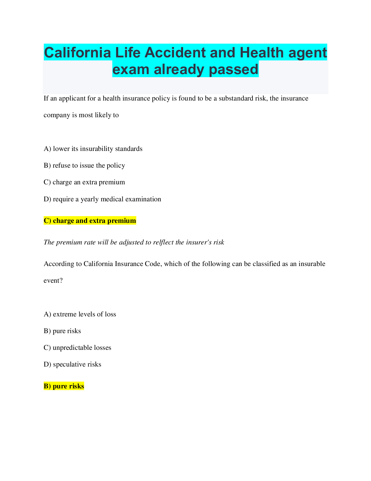 Preview image for California Life Accident and Health agent  exam already passed