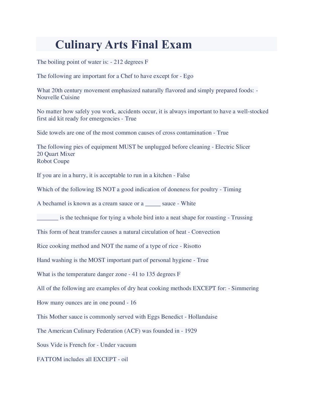 Preview image for Culinary Arts Final Exam Latest