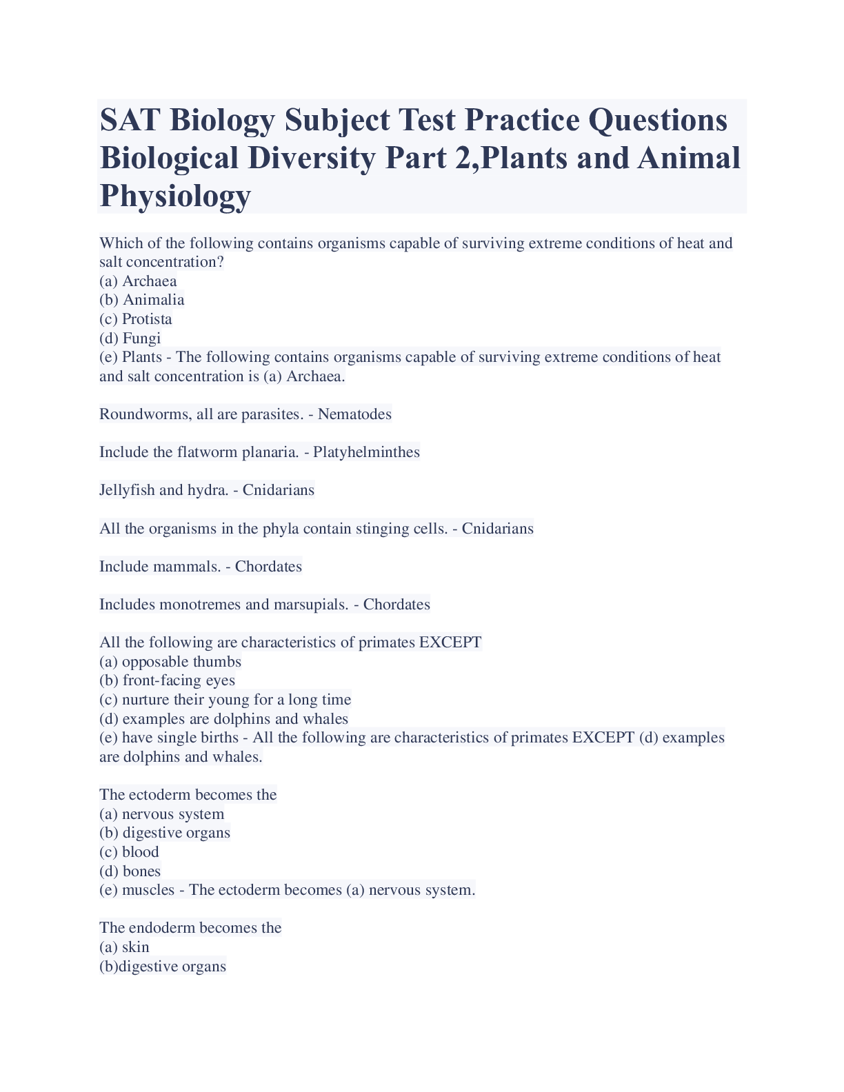 Preview image for SAT Biology Subject Test Practice Questions Biological Diversity Part 2,Plants and Animal Physiology