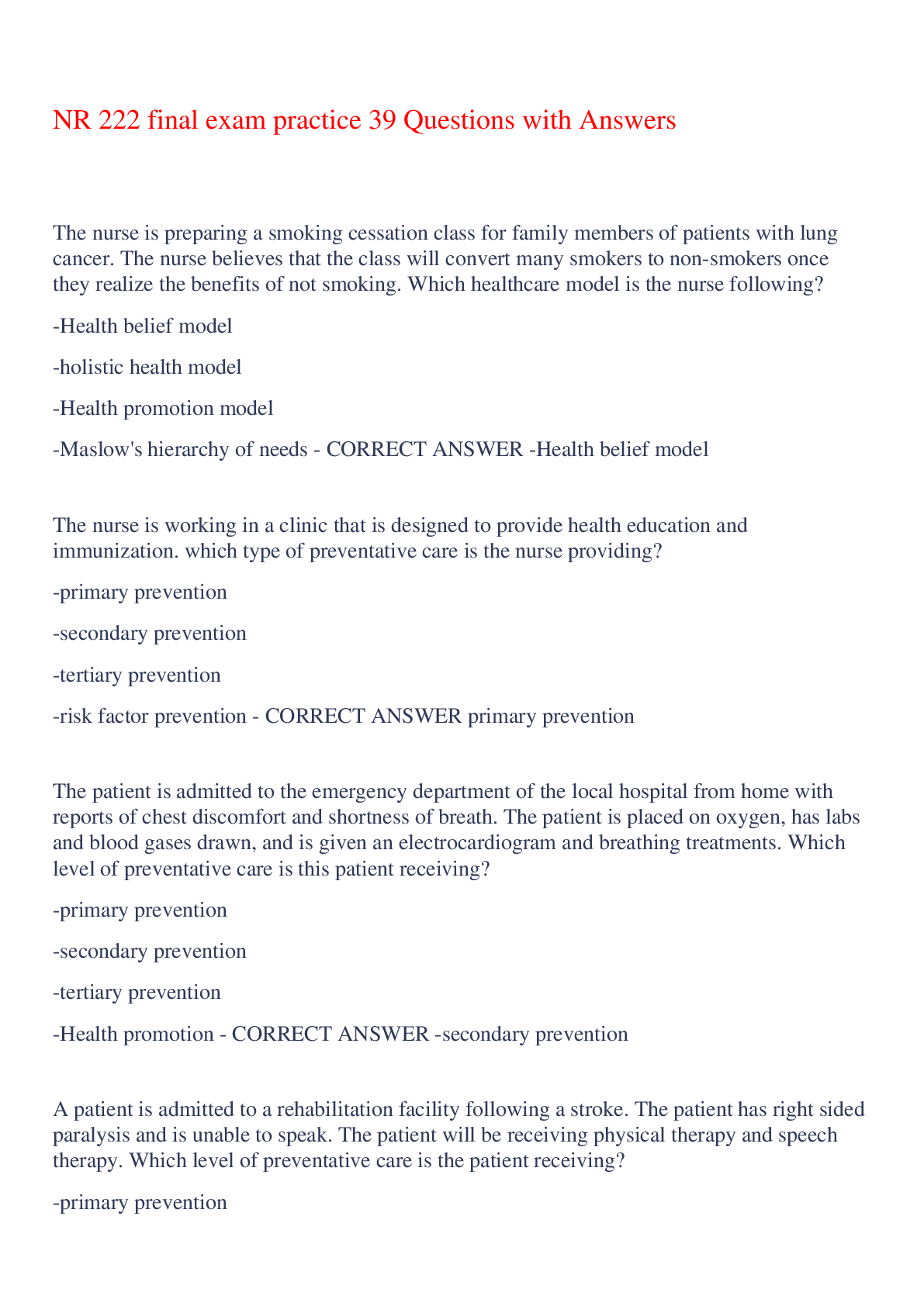 Preview of NR 222 final exam practice 39 Questions with Answers,100% CORRECT