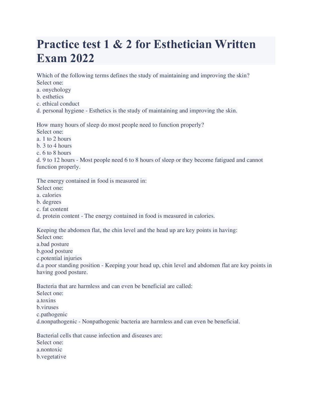 Preview image for Practice test 1 & 2 for Esthetician Written Exam 2022 With complete solution