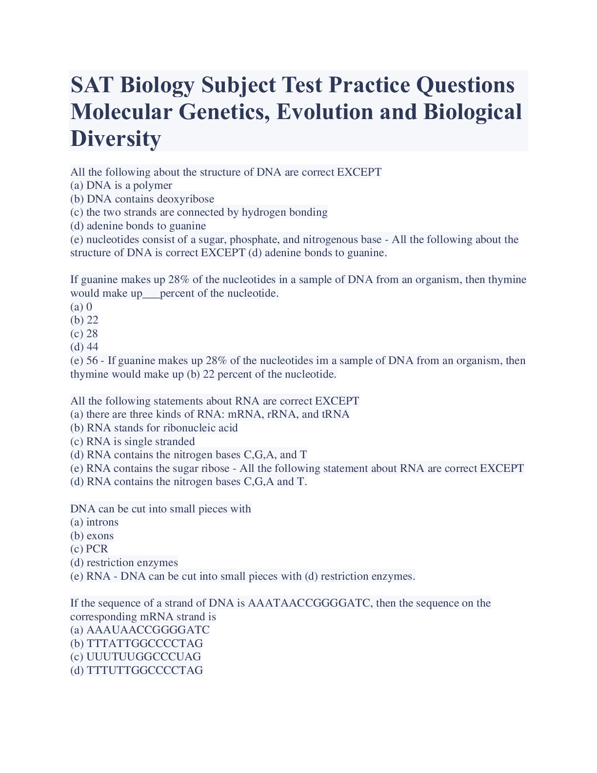Preview image for SAT Biology Subject Test Practice Questions Molecular Genetics, Evolution and Biological Diversity