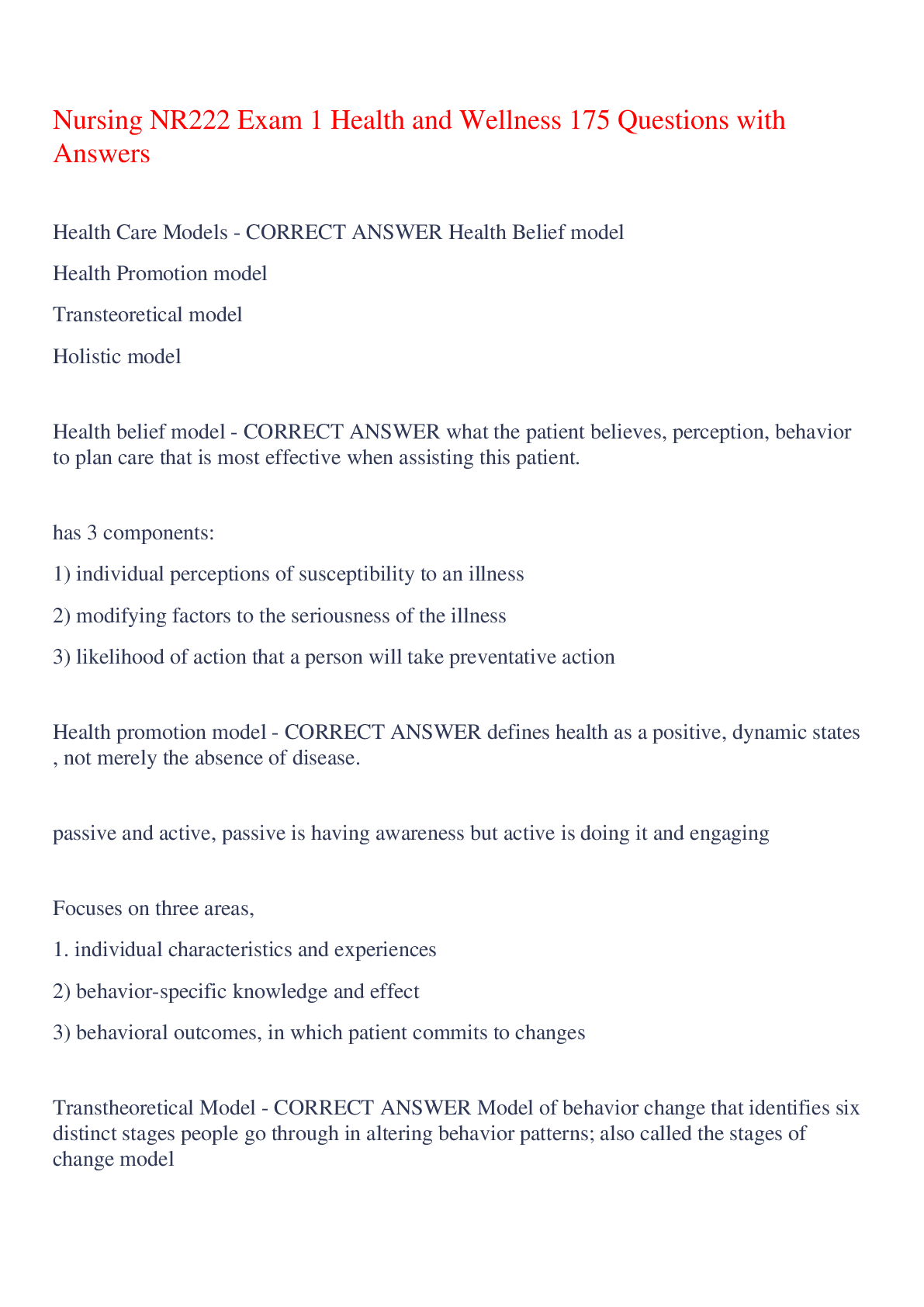 Preview of Nursing NR222 Exam 1 Health and Wellness 175 Questions with Answers,100% CORRECT