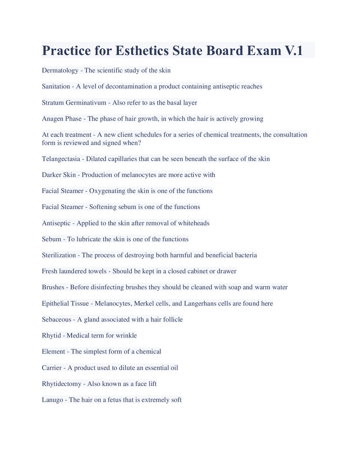 Preview image for Practice for Esthetics State Board Exam V.1 Latest