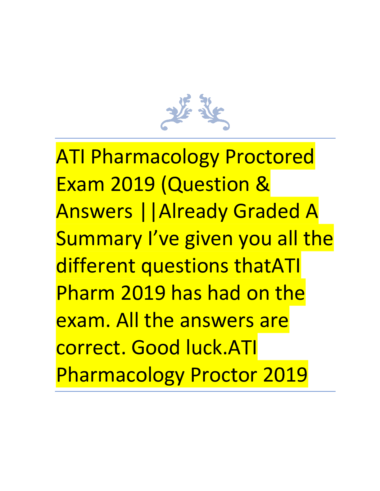 Preview image for ATI Pharmacology Proctored Exam 2019 (Question & Answers ||Already Graded A