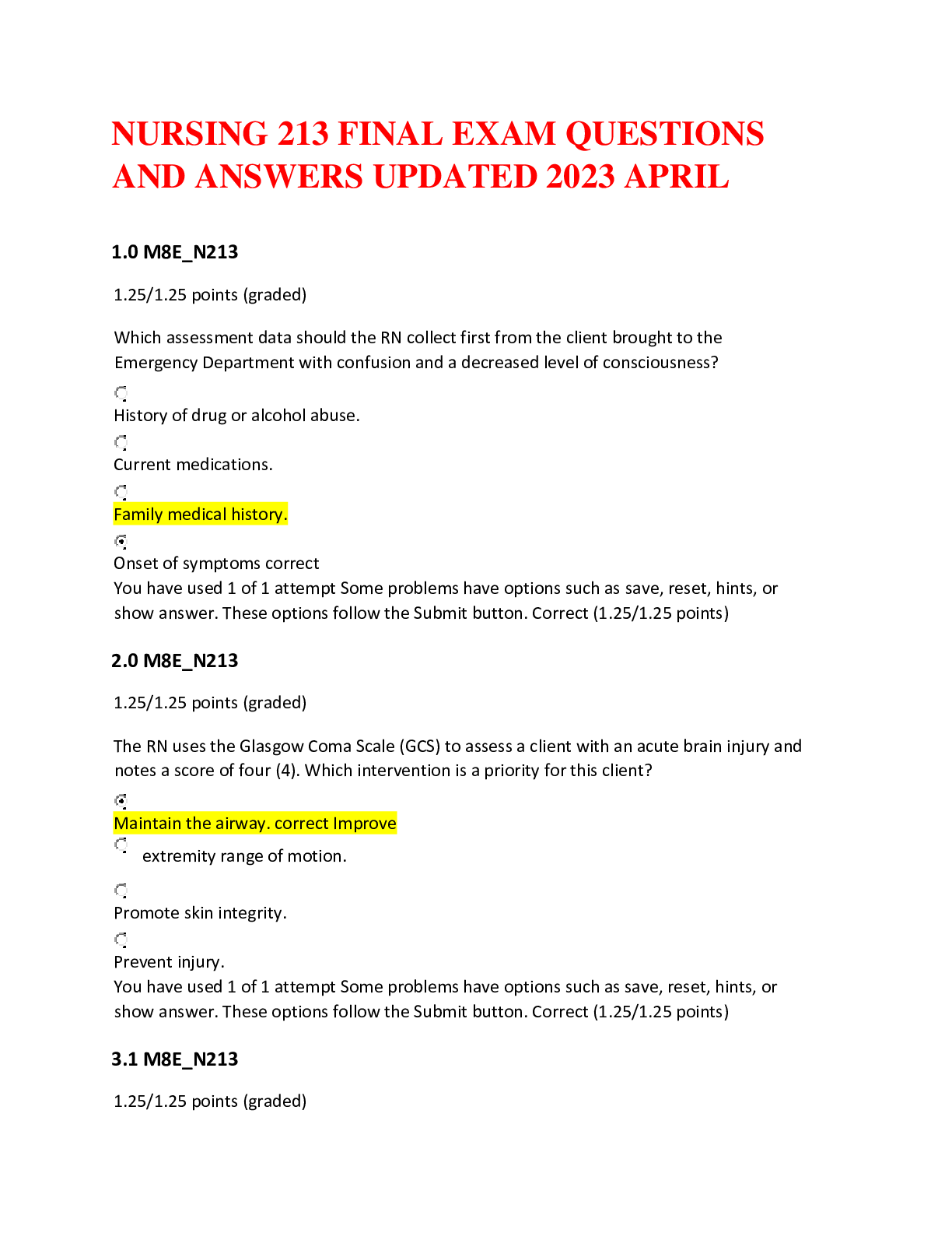 Preview of NURSING 213 FINAL EXAM QUESTIONS  AND ANSWERS UPDATED 2023 APRIL