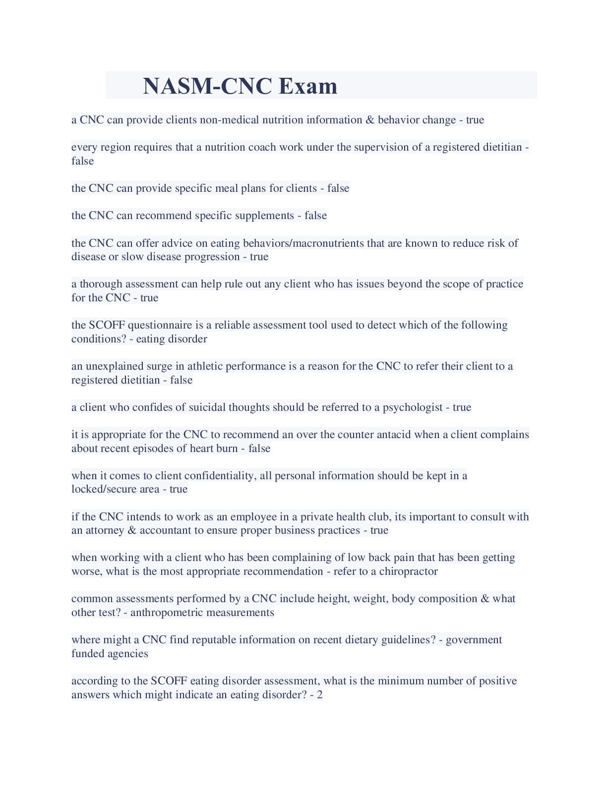 Preview image for NASM-CNC Exam Questions And T&F Answers