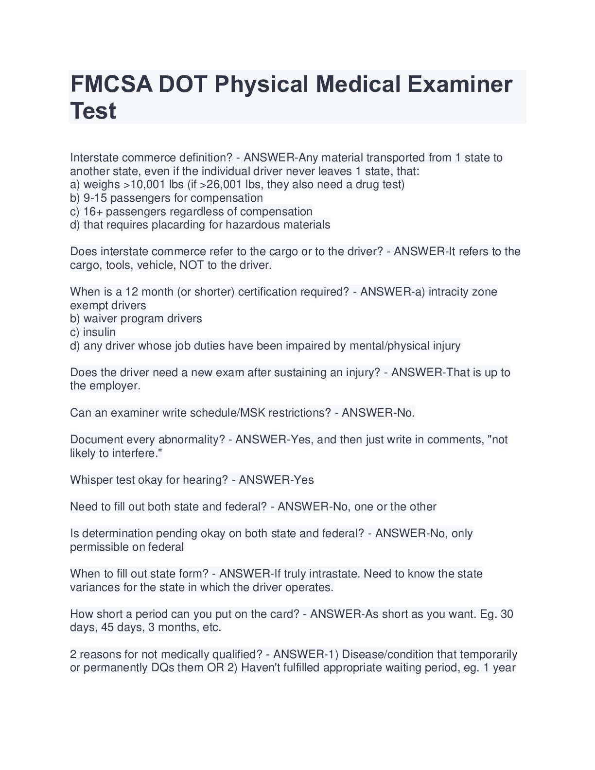 Preview of FMCSA DOT Physical Medical Examiner Test Questions And Answers Latest 2023.