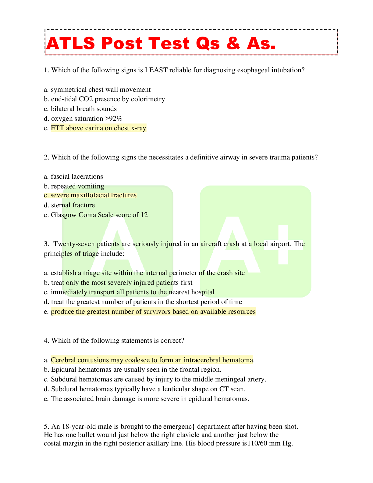 ATLS Post Test Qs & As. - Browsegrades