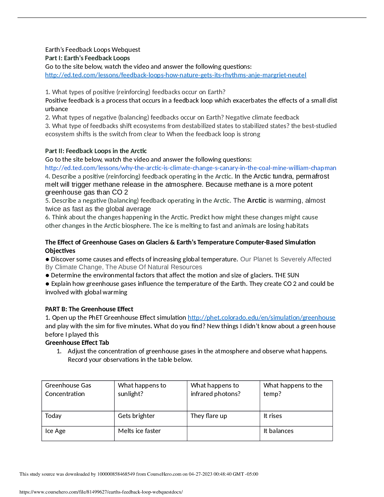 Preview image for Earth’s Feedback Loops Webquest- Earth’s Feedback Loops, Feedback Loops in the Arctic, and The Effect of Greenhouse Gases on Glaciers & Earth’s Temperature Computer-Based Simulation