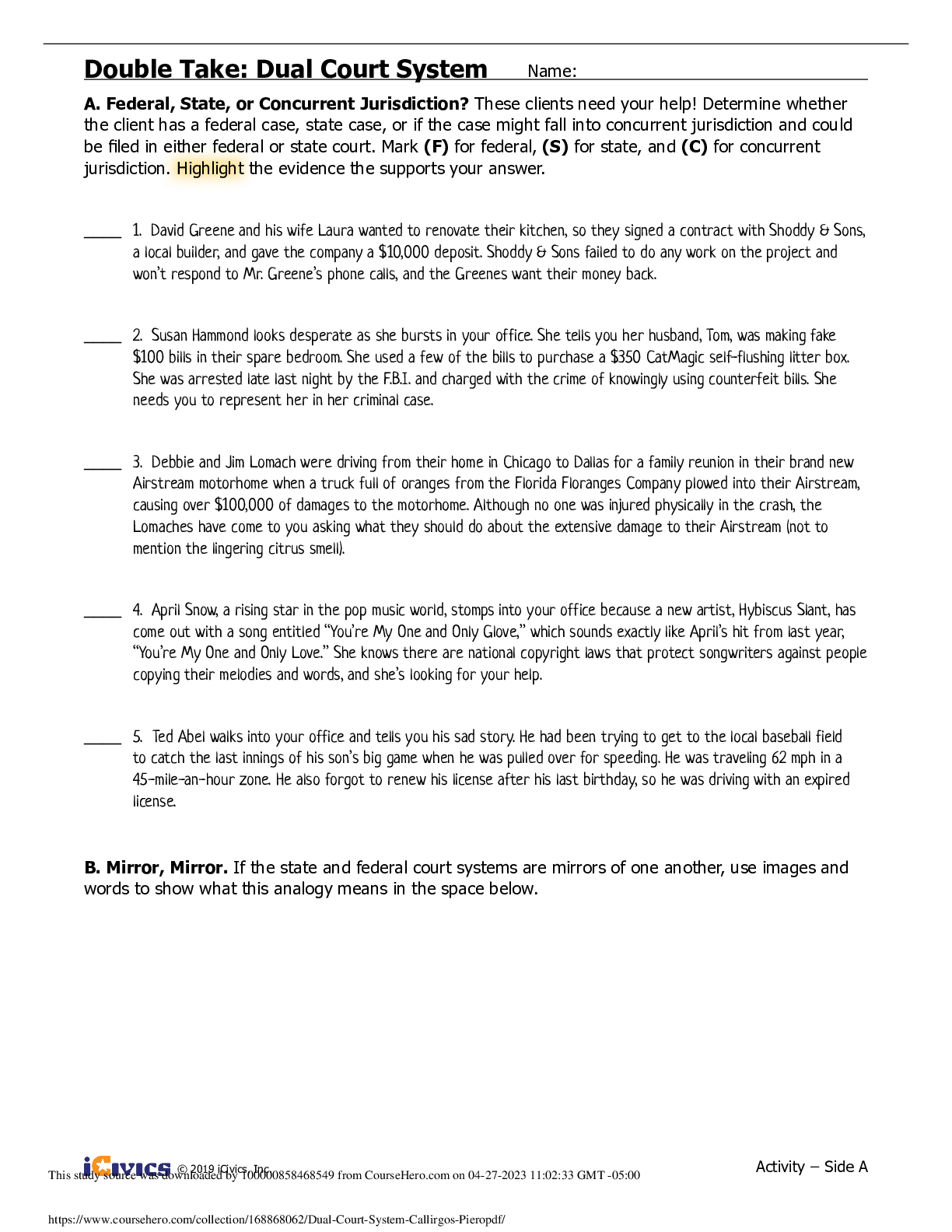 Preview image for iCivics, Inc. - Double Take: Dual Court System. Exam