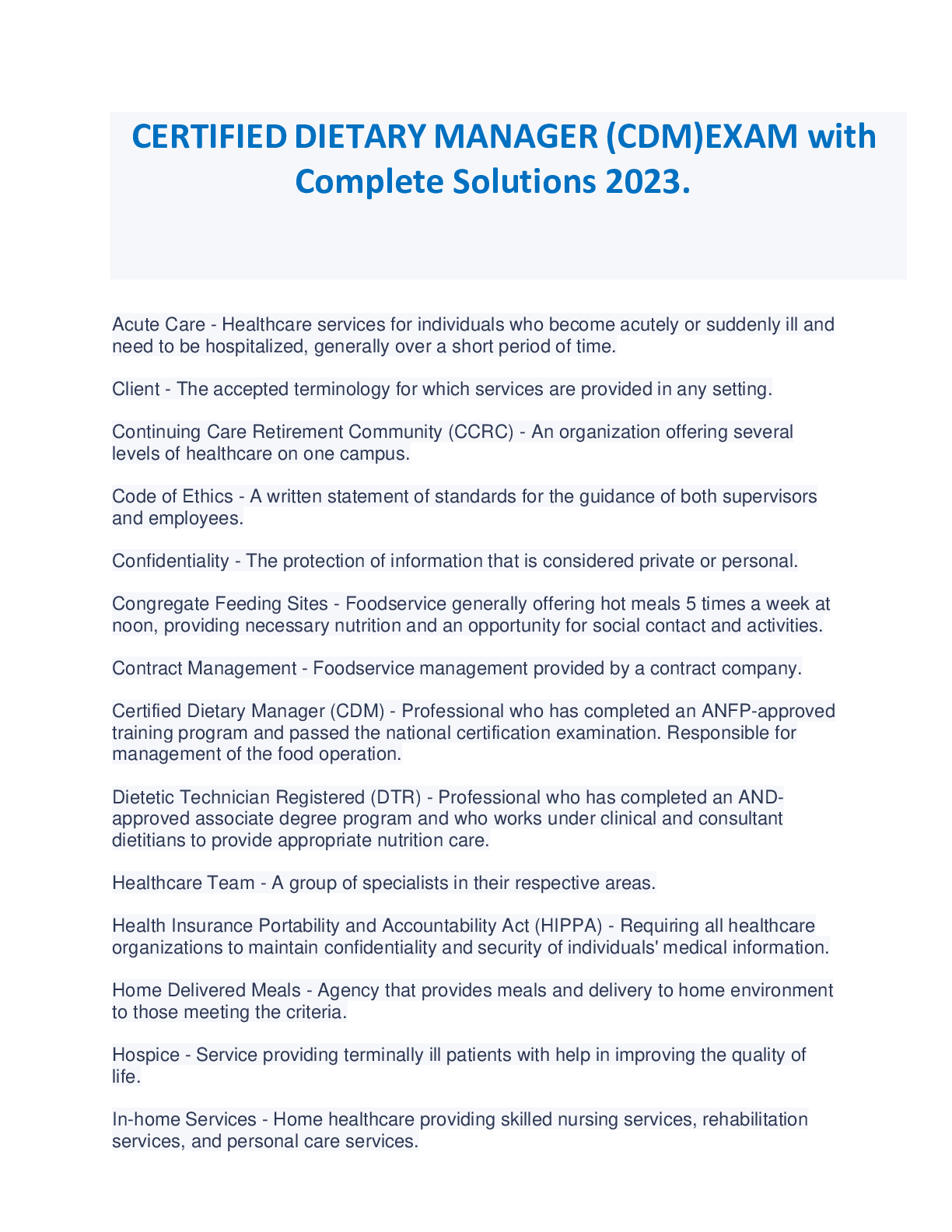 Preview image for CERTIFIED DIETARY MANAGER (CDM) EXAM with Complete Solutions 2023.