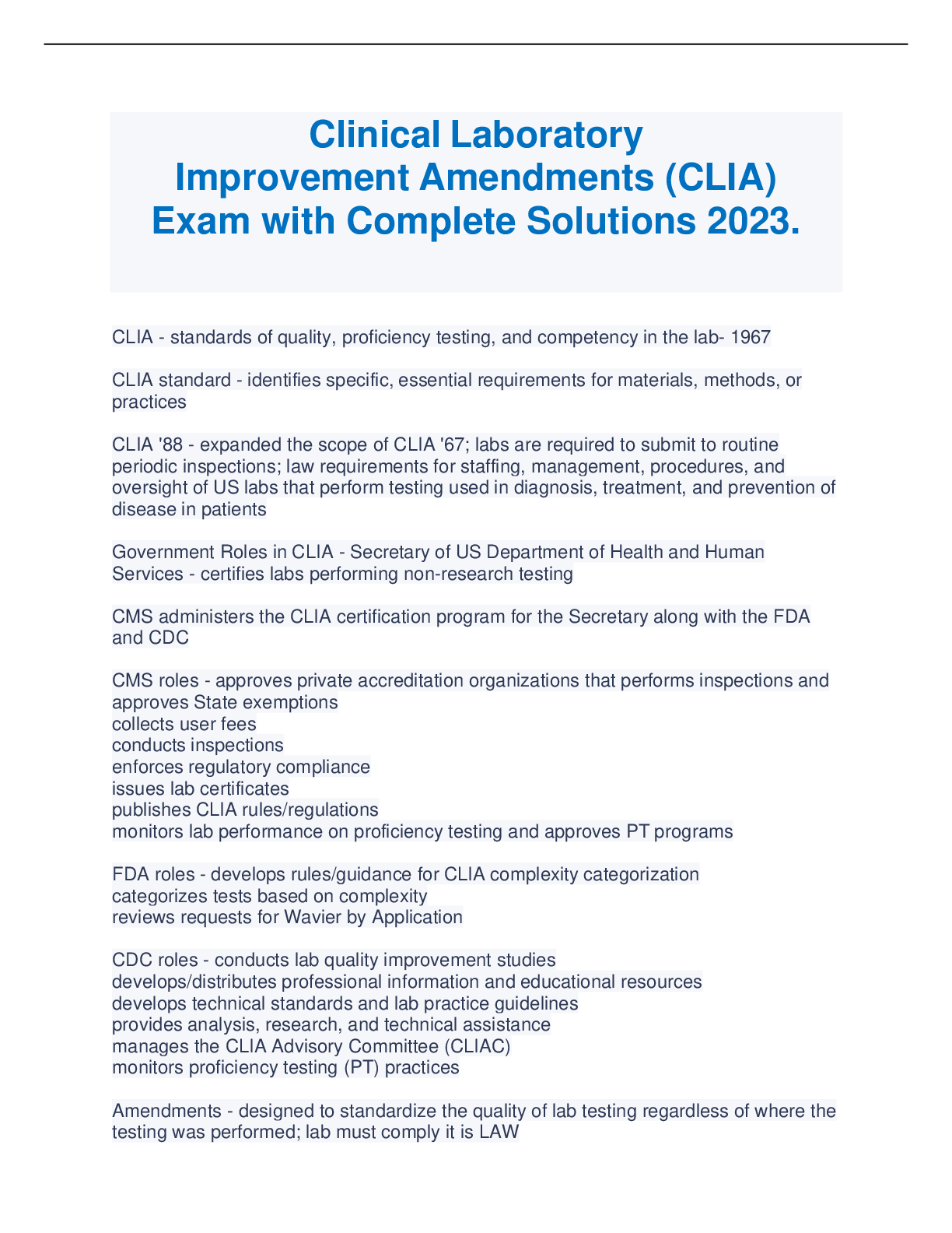 Preview image for Clinical Laboratory Improvement Amendments (CLIA)  Exam with Complete Solutions 2023.