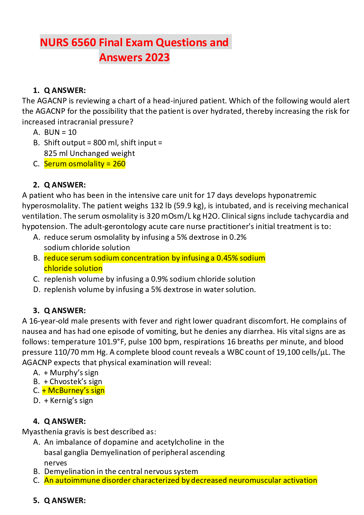 NURS 6560 Final Exam Questions and Answers 2023