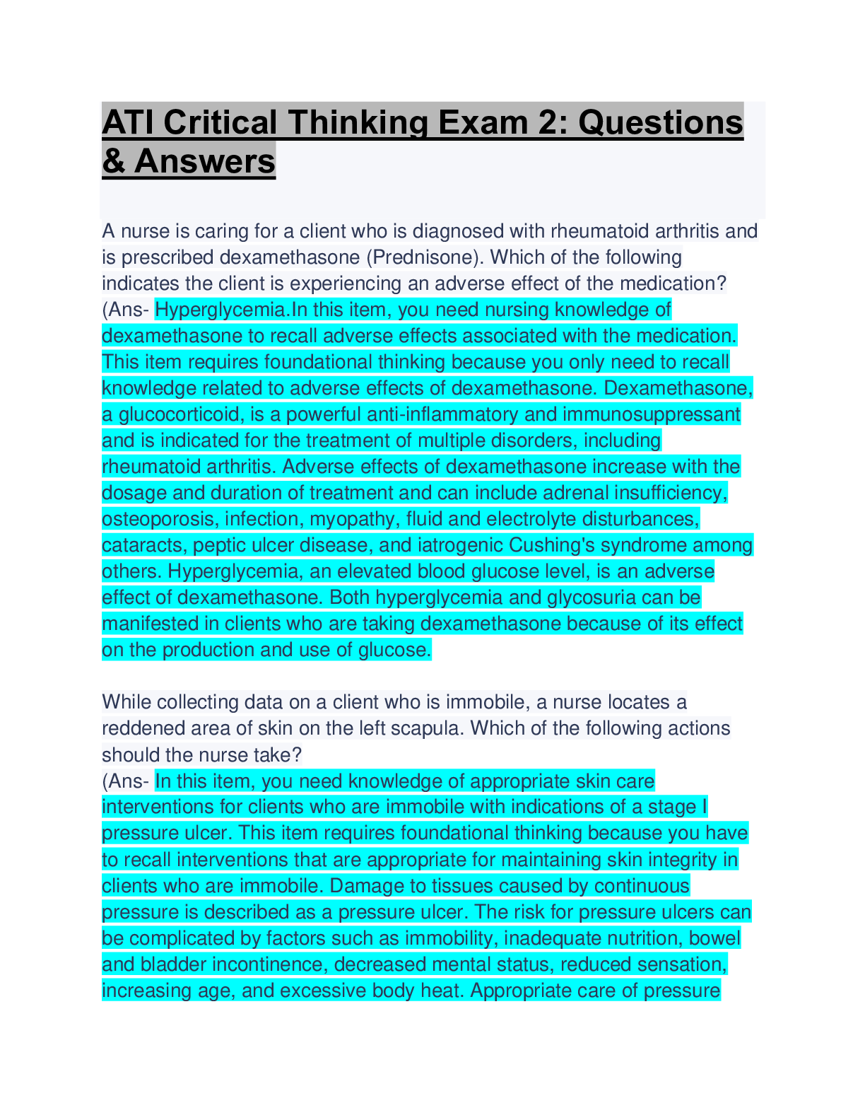 Preview of ATI Critical Thinking Exam 2: Questions & Answers: Updated Solution