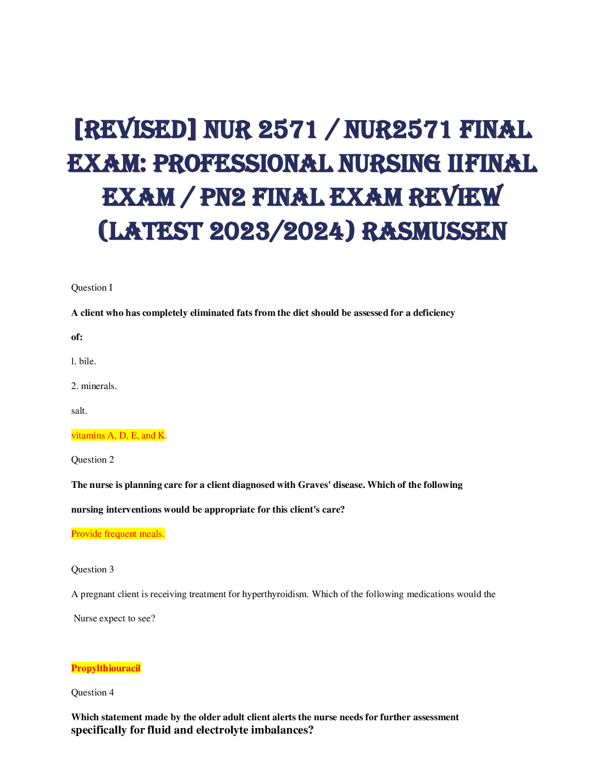 Preview of [REVISED] NUR 2571 / NUR2571 FINAL EXAM: PROFESSIONAL NURSING II FINAL EXAM / PN2 FINAL EXAM REVIEW (LATEST 2023/2024) RASMUSSEN