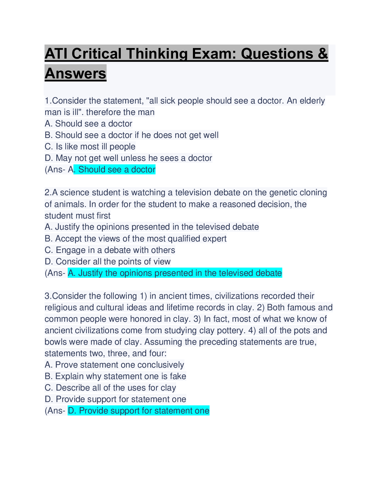 Preview of ATI Critical Thinking Exam: Questions & Answers: Latest Updated A+ Score Solution