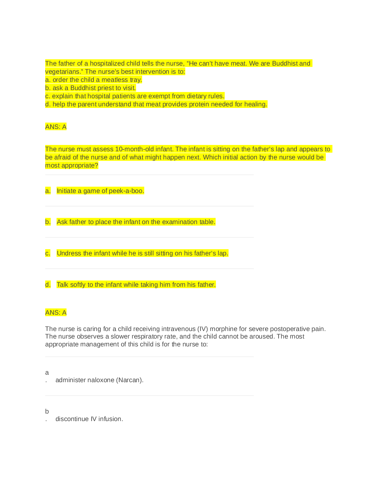 Preview of NU 402 final Peds questions no rationale 2023