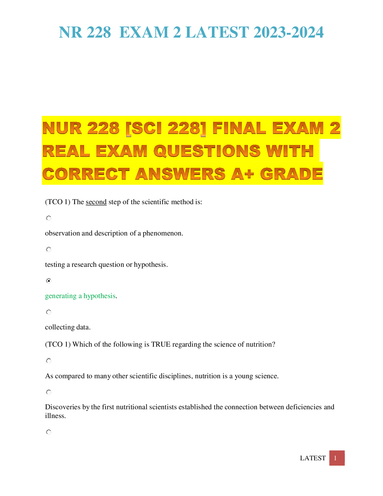 Preview of NUR 228 [SCI 228] FINAL EXAM 2 REAL EXAM QUESTIONS WITH CORRECT ANSWERS A+ GRADE