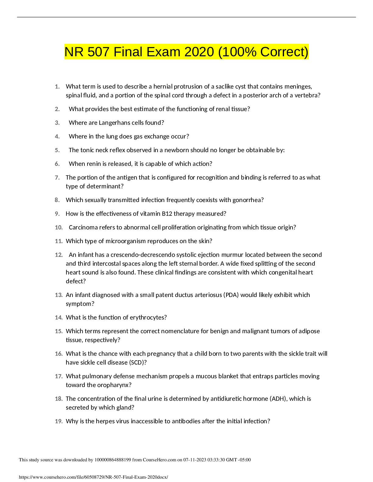 Preview image of NR 507 Final Exam 2020 (100% Correct document