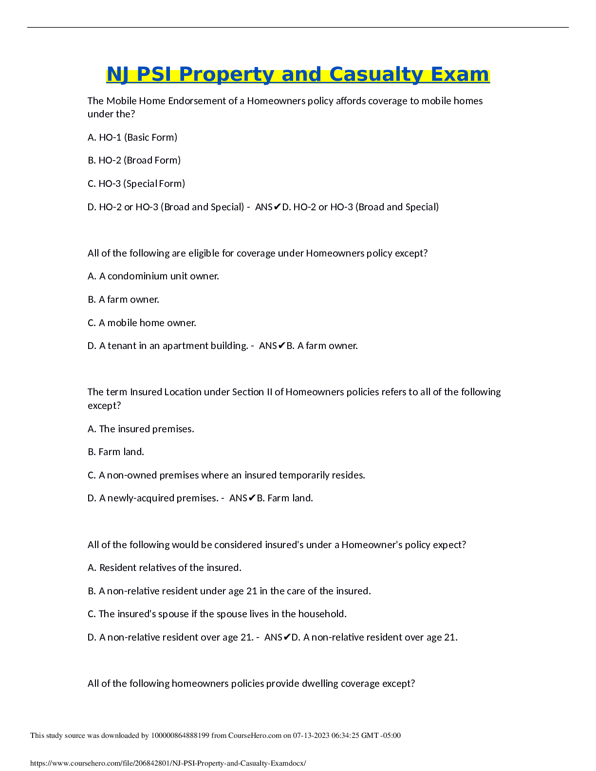 Preview of Florida Public All Lines Adjuster74 Questions AndAnswers100% Correct