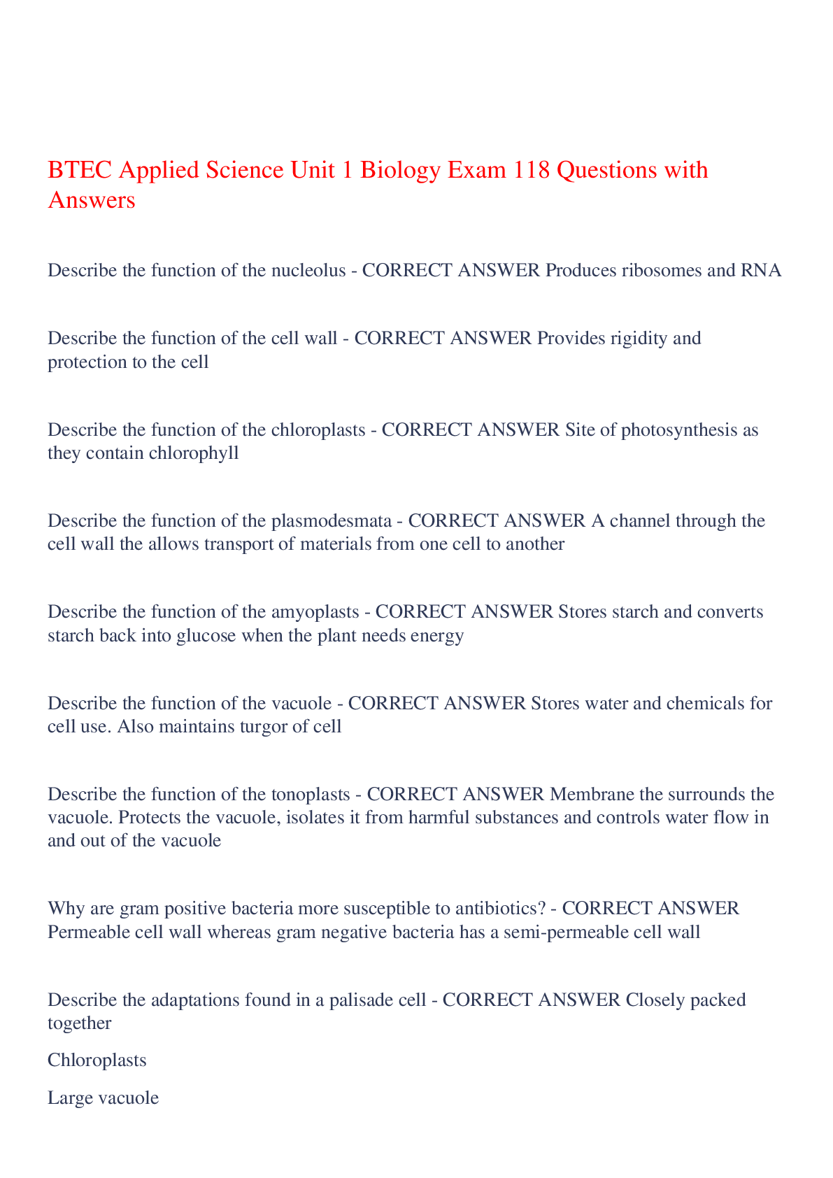 Preview image of BTEC Applied Science Unit 1 Biology Exam 118 Questions with Answers,100% CORRECT document