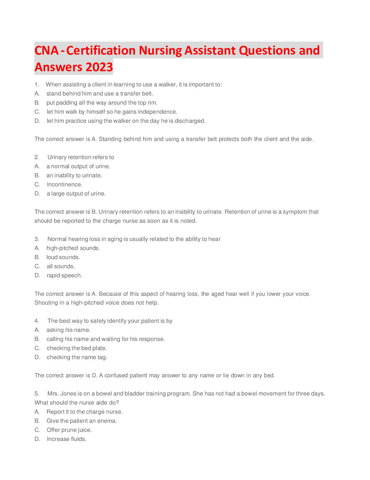 Preview image for CNA - Certification Nursing Assistant Questions and Answers 2023