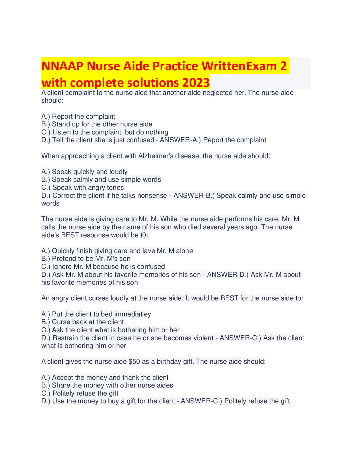 Preview of NNAAP Nurse Aide Practice Written Exam 2 with complete solutions 2023