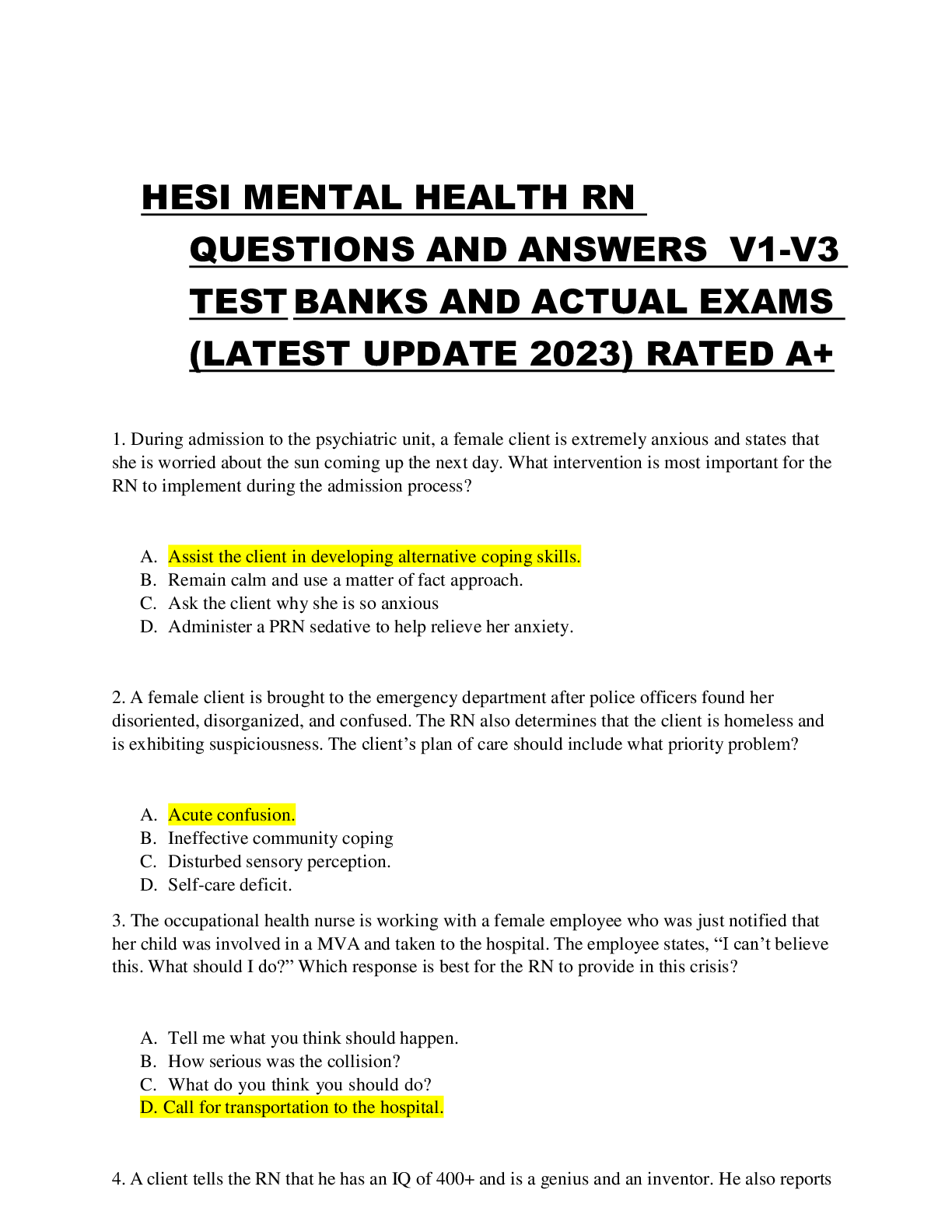 Preview image for HESI MENTAL HEALTH RN QUESTIONS AND ANSWERS  V1-V3 TEST BANKS AND ACTUAL EXAMS (LATEST UPDATE 2023) RATED A+