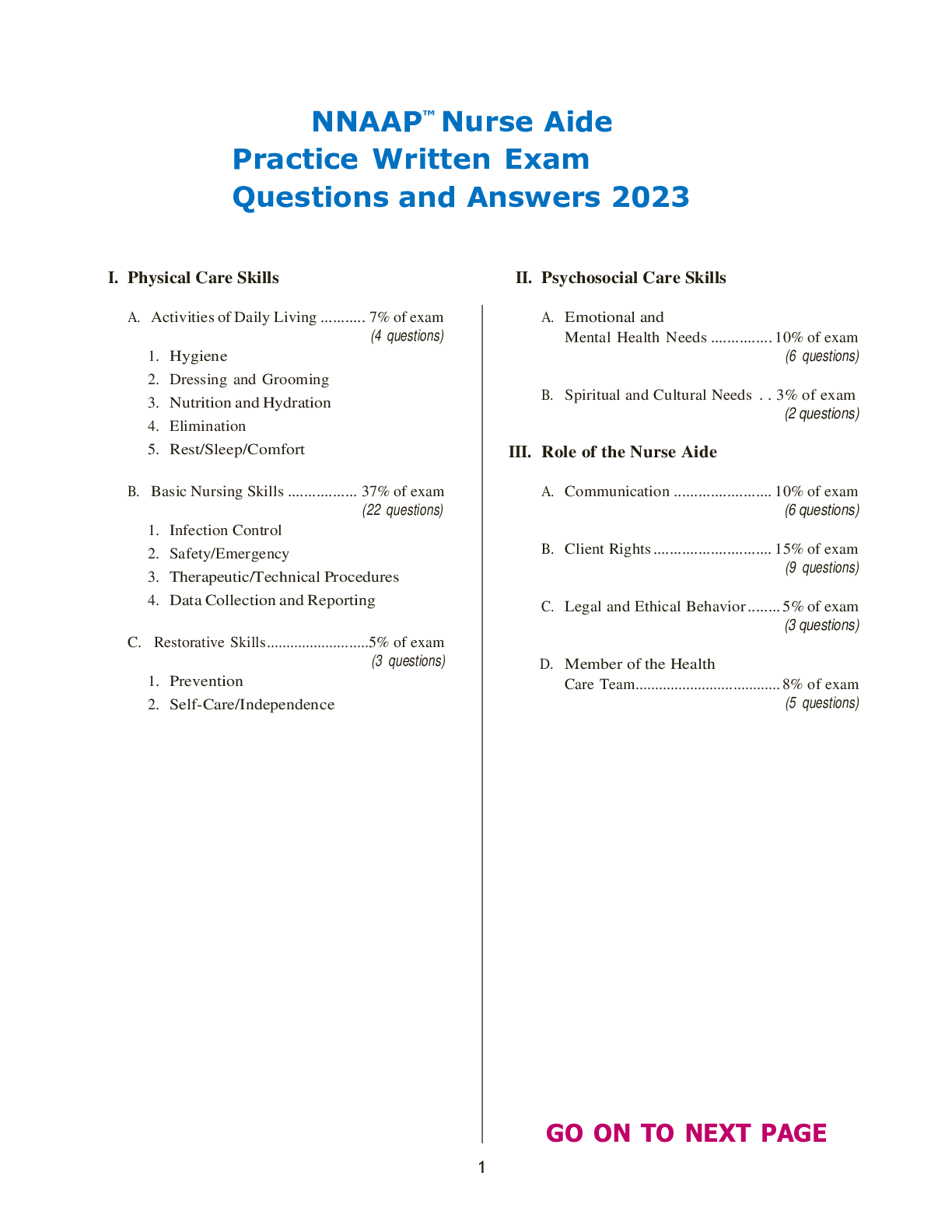Preview of NNAAP™ Nurse Aide Practice Written Exam Questions and Answers 2023
