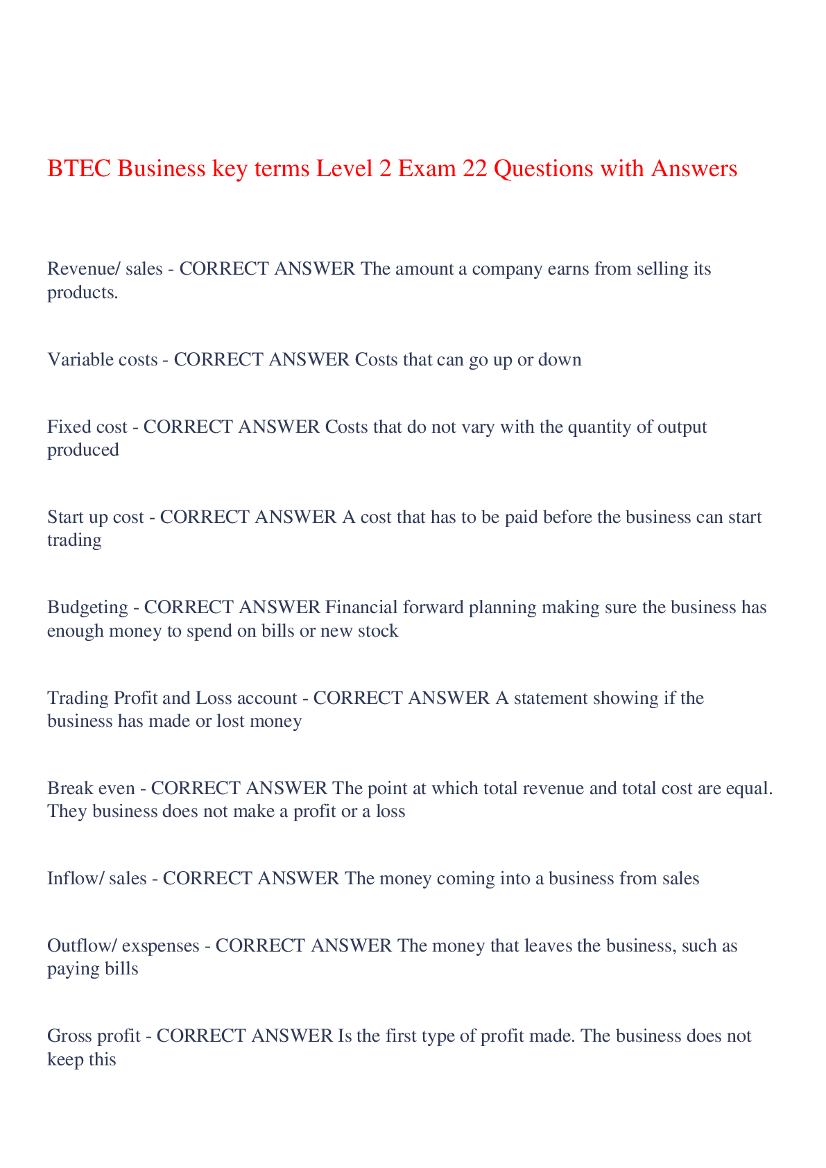 Preview image for BTEC Business key terms Level 2 Exam 22 Questions with Answers,100% CORRECT