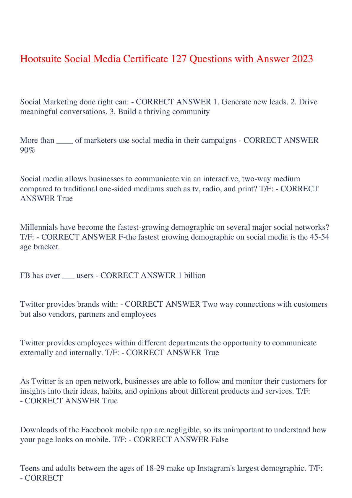 Recommended document preview for Hootsuite Social Media Certificate 127 Questions with Answer 2023,100% CORRECT