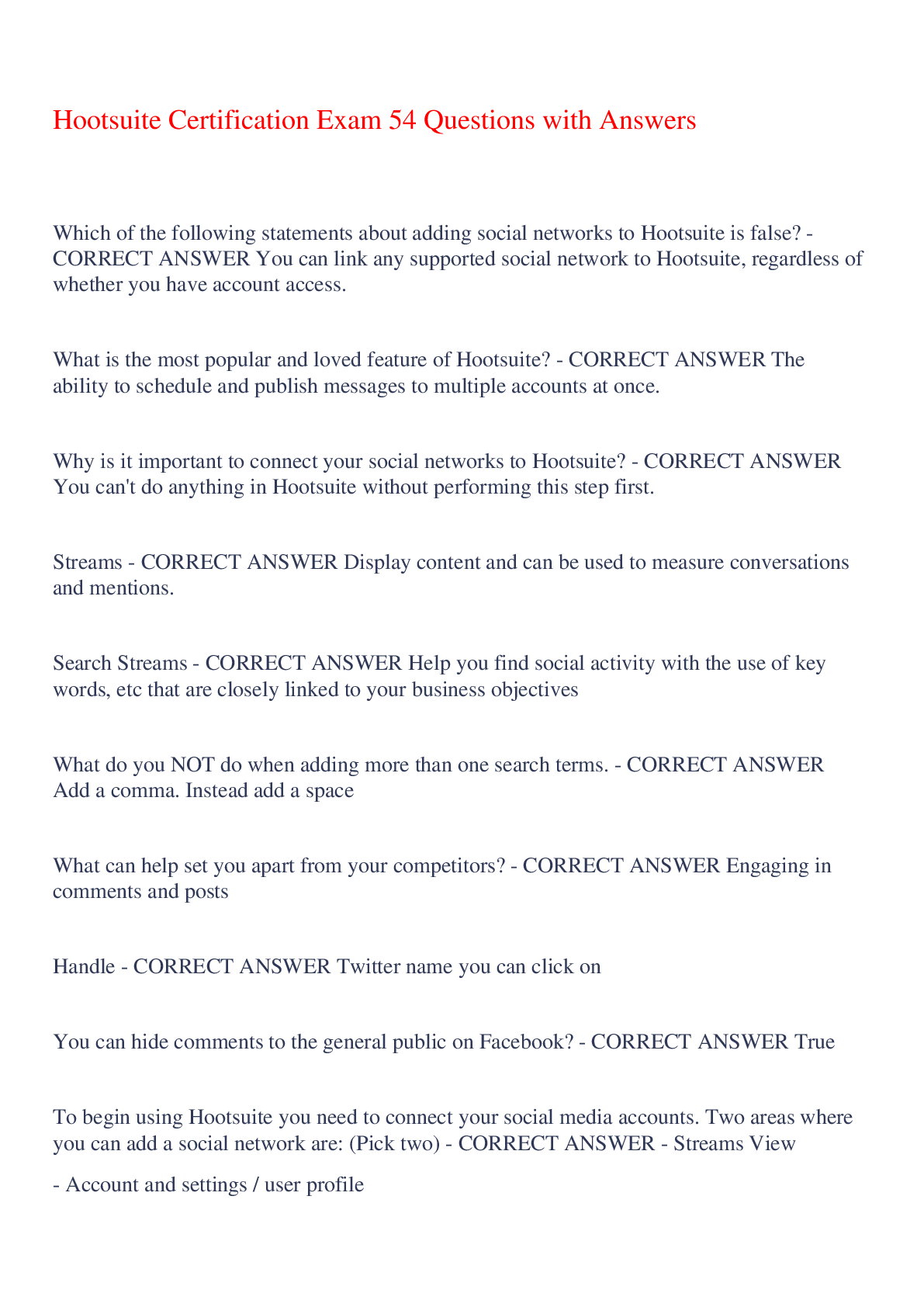 Preview image of Hootsuite Certification Exam 54 Questions with Answers,100% CORRECT document