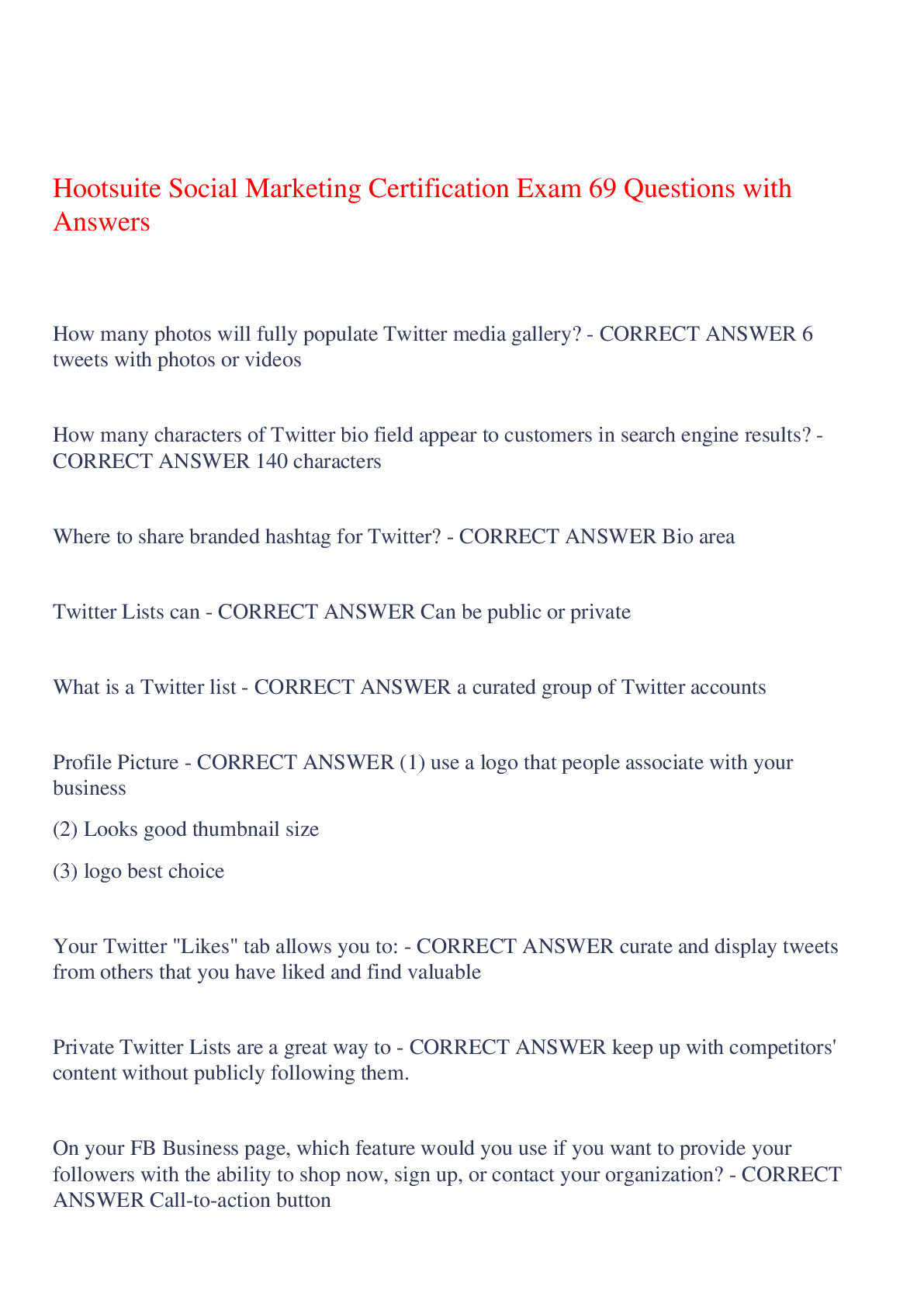 Preview image of Hootsuite Social Marketing Certification Exam 69 Questions with Answers,100% CORRECT document