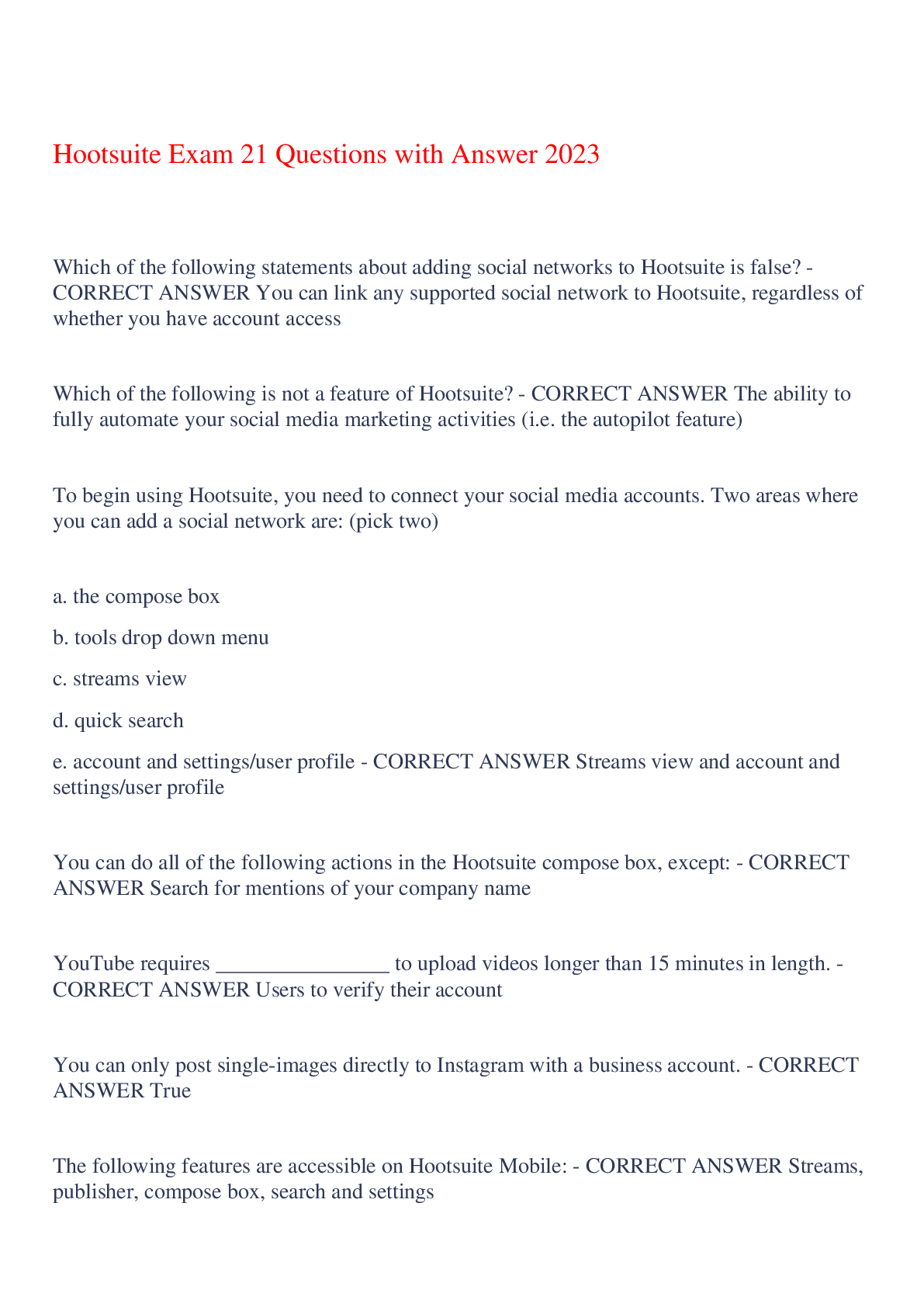 Preview of Hootsuite Exam 21 Questions with Answer 2023,100% CORRECT