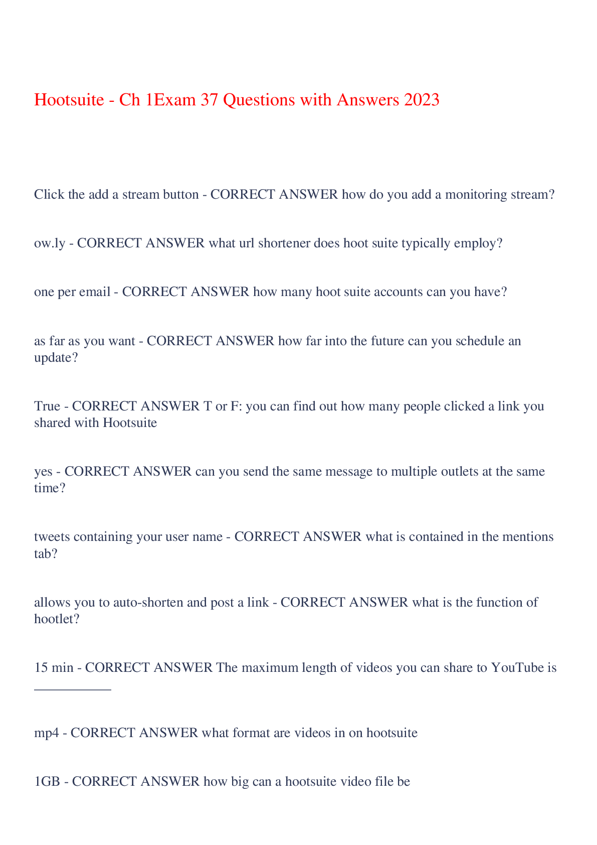 Preview image of Hootsuite - Ch 1Exam 37 Questions with Answers 2023,100% CORRECT document