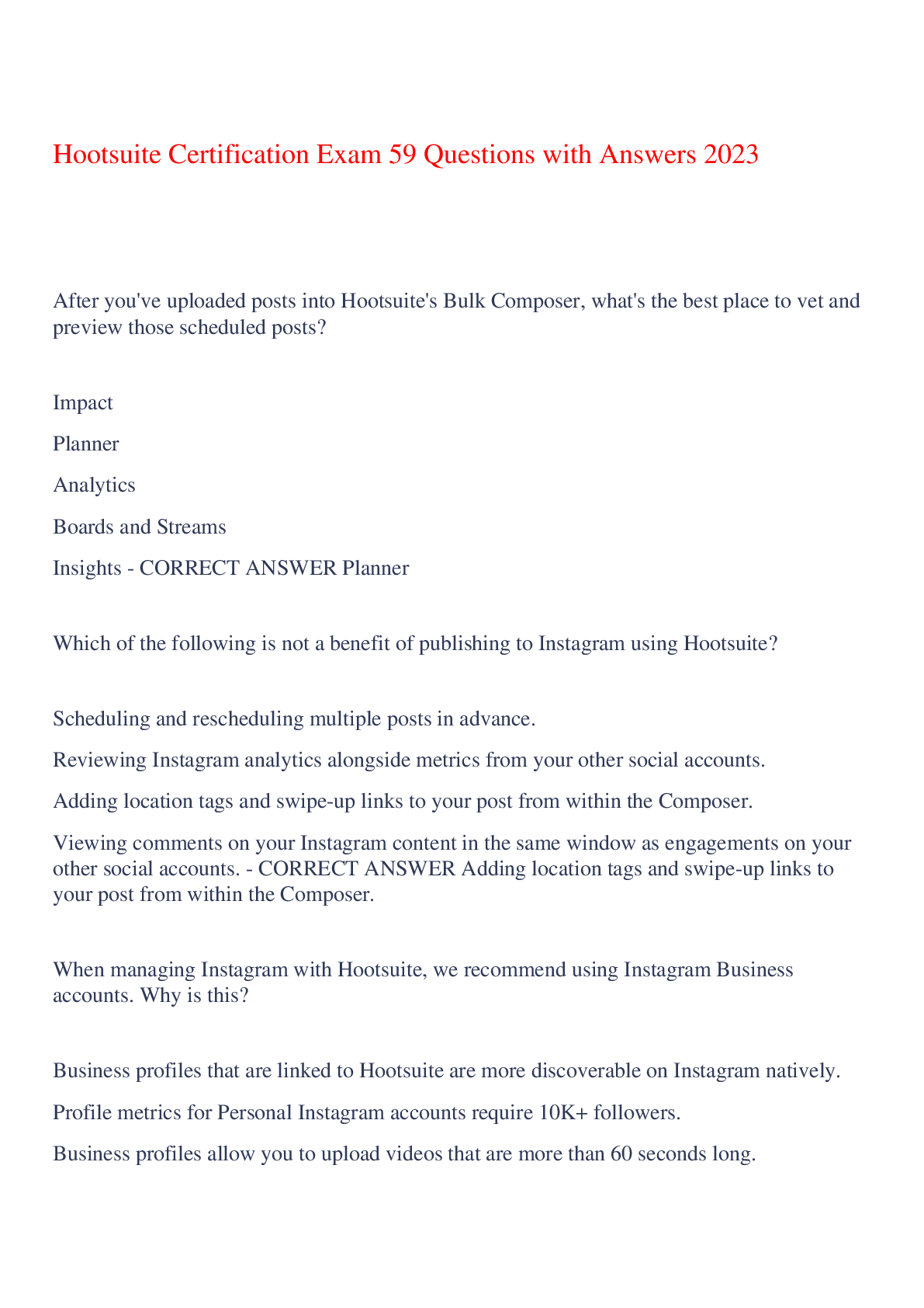 Preview image of Hootsuite Certification Exam 59 Questions with Answers 2023,100% CORRECT document