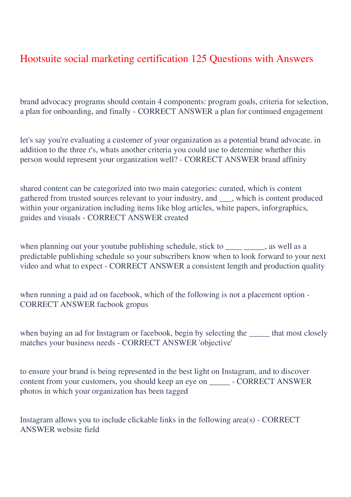 Preview image of Hootsuite social marketing certification 125 Questions with Answers ,100% CORRECT document