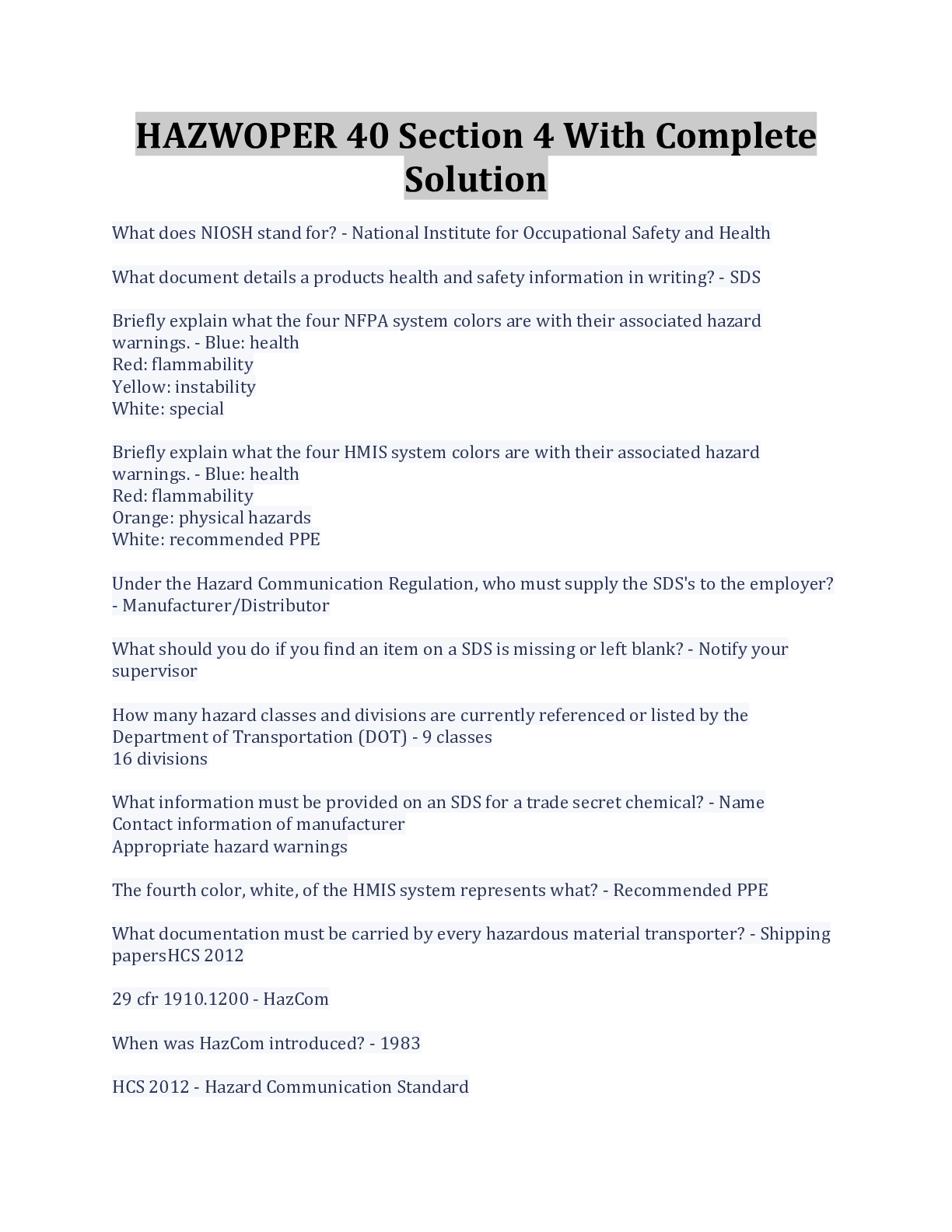 Preview image of HAZWOPER 40 Section 4 With Complete Solution document