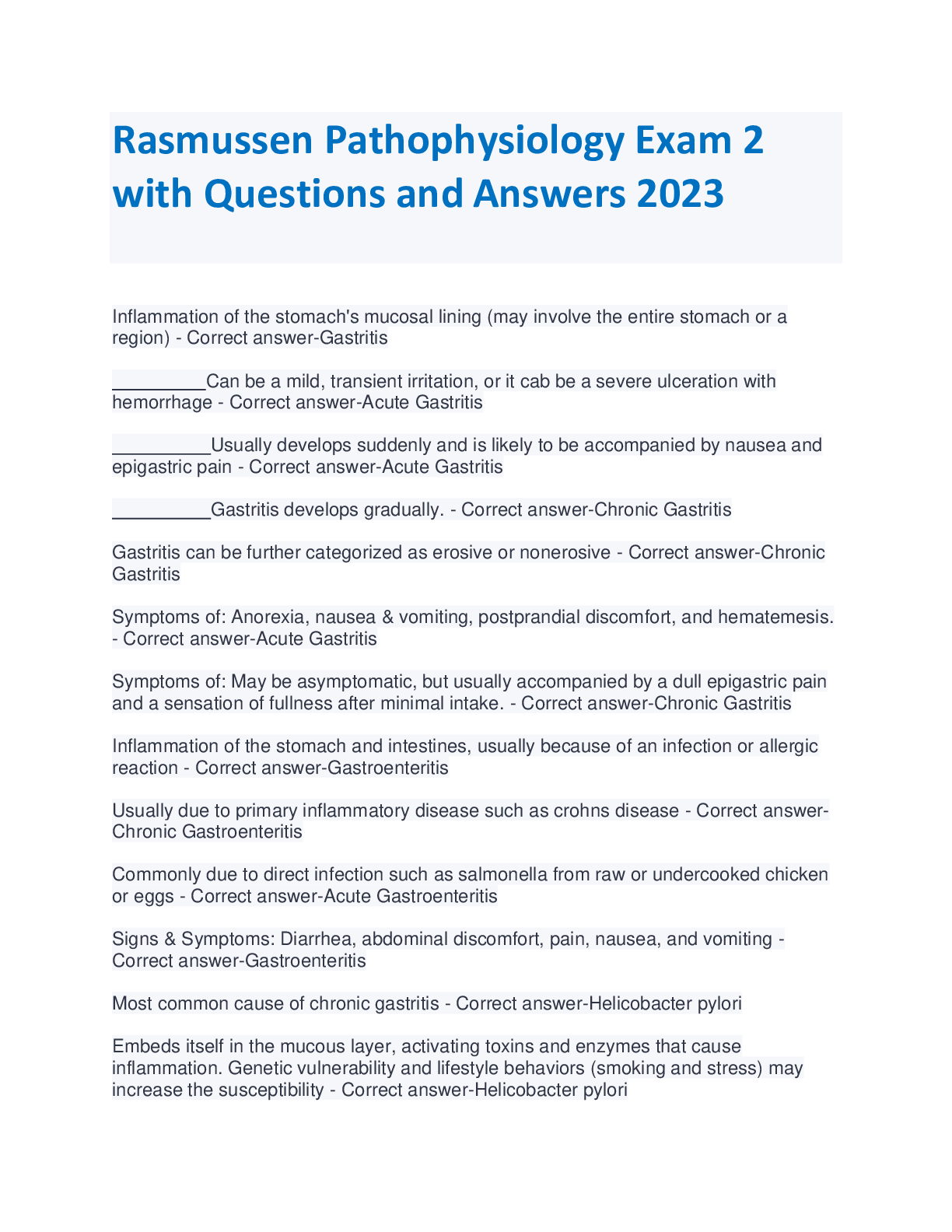 Rasmussen Pathophysiology Exam 2 with Questions and Answers 2023