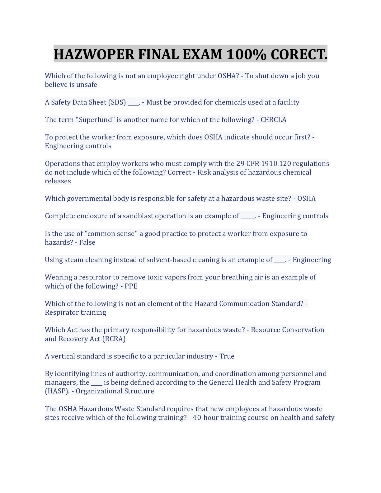 Preview image of HAZWOPER FINAL EXAM 100% CORECT. document