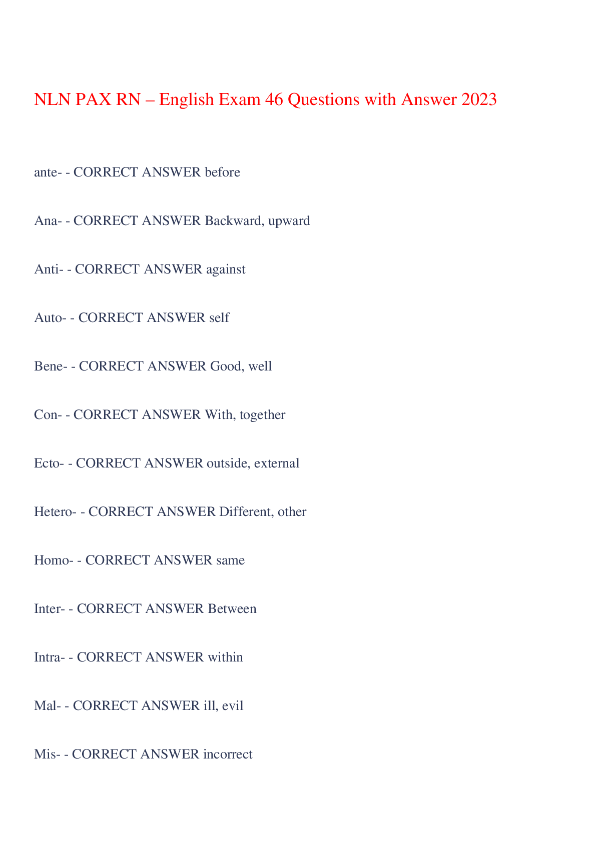Preview of NLN PAX RN – English Exam 46 Questions with Answer 2023,100% CORRECT