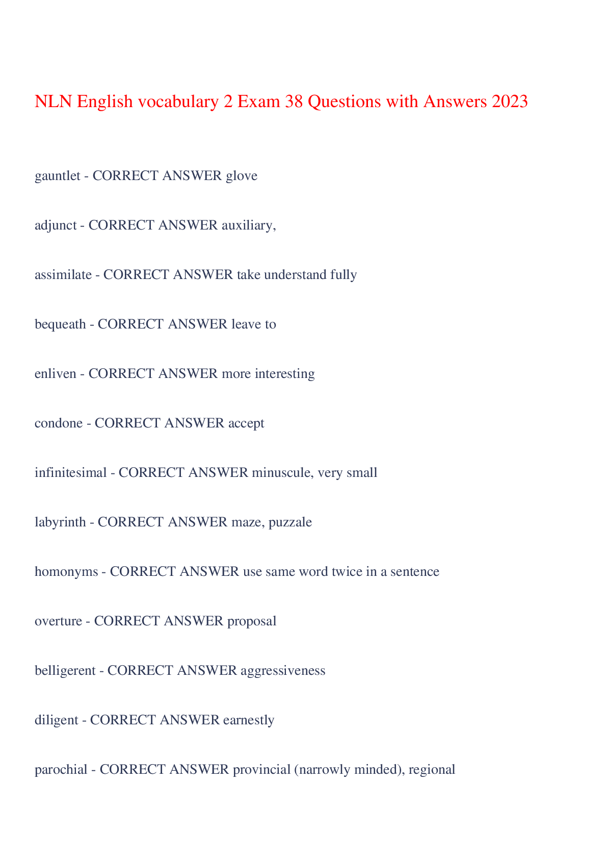 Preview of NLN English vocabulary 2 Exam 38 Questions with Answers 2023,100% CORRECT