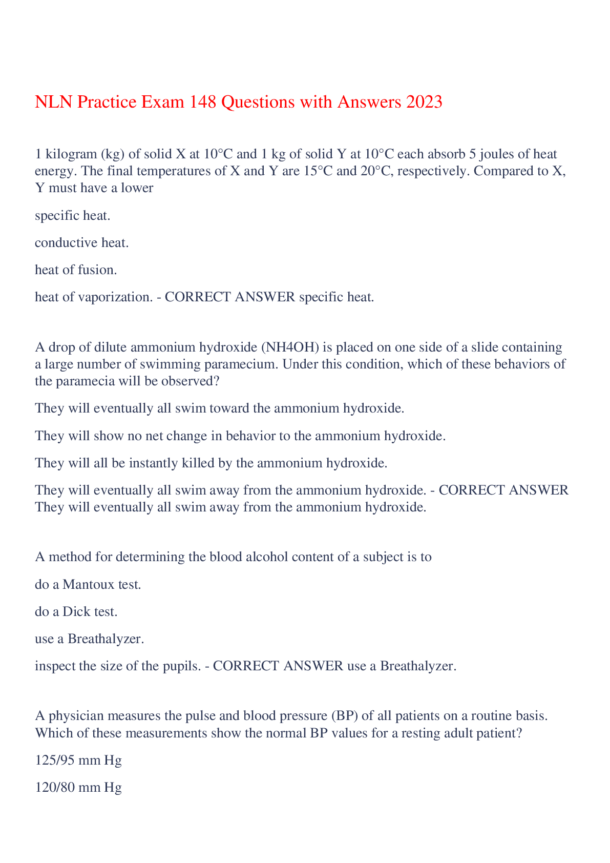 Preview of NLN Practice Exam 148 Questions with Answers 2023,100% CORRECT
