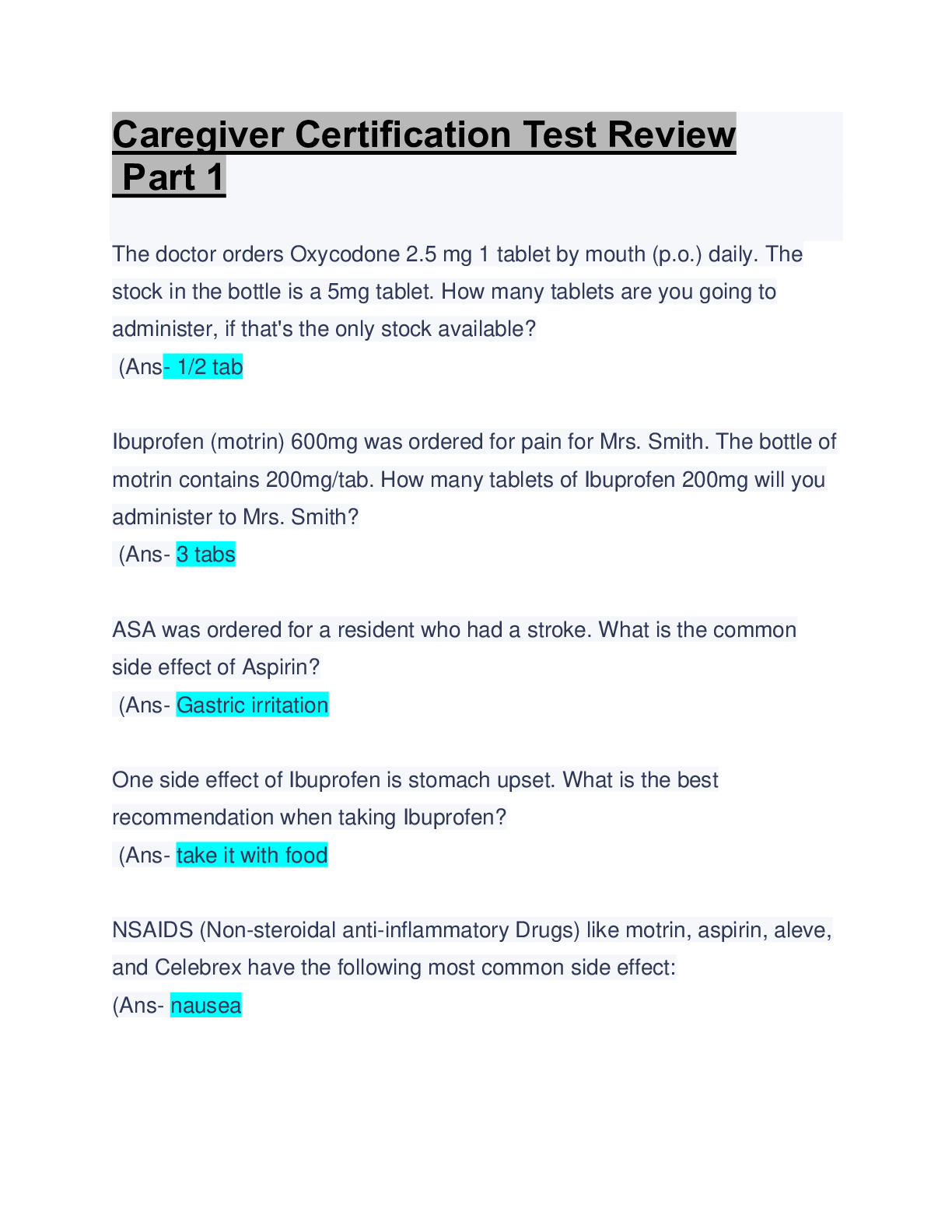 Preview of Caregiver Certification Test Review  Part 1: Questions &amp; Answers